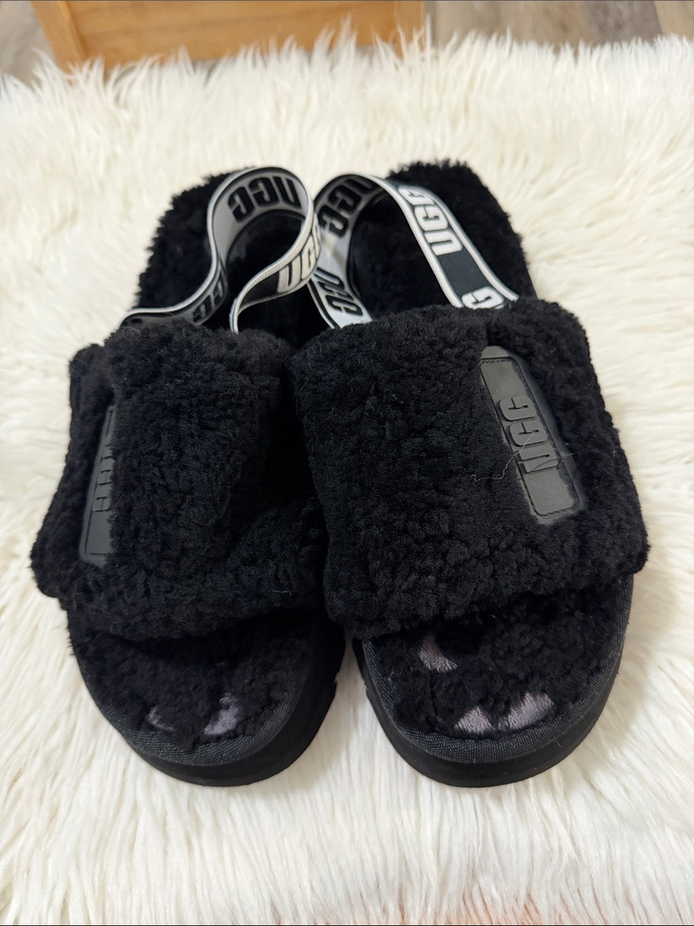 UGG Black Shearling Logo Backstrap Slide Sandals Size 10